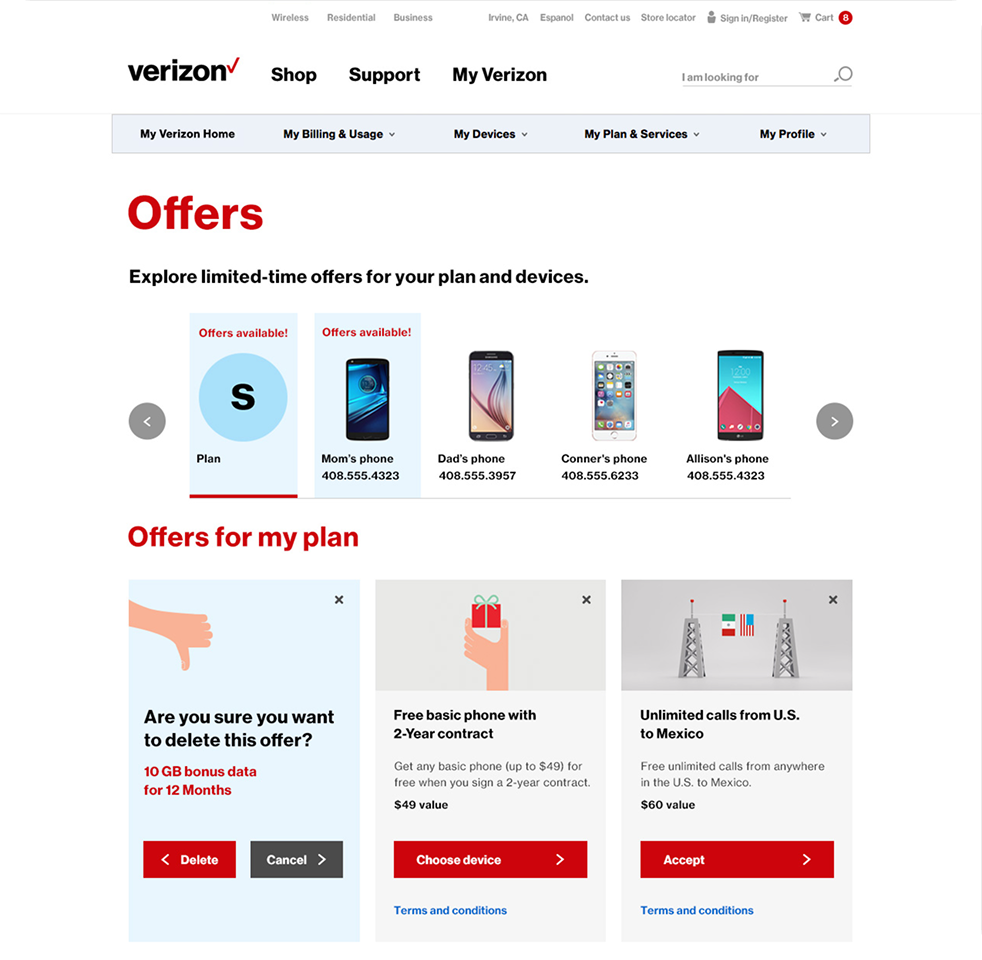Verizon My Verizon offers page with a device carousel and offer cards