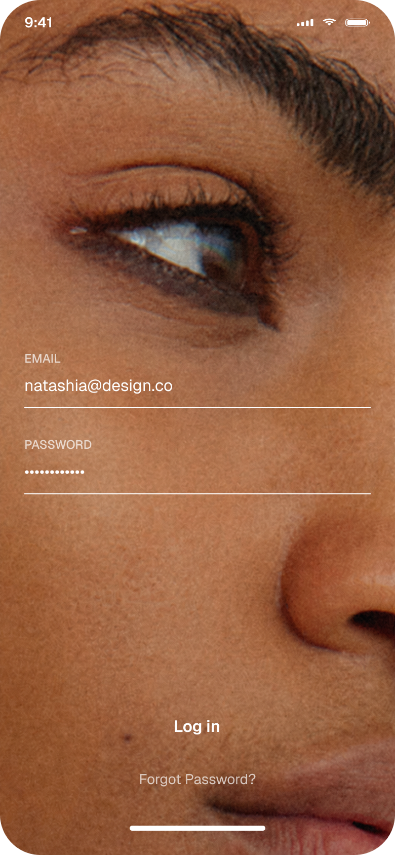 Bond sign-in screen with form fields set over full-bleed portrait photography