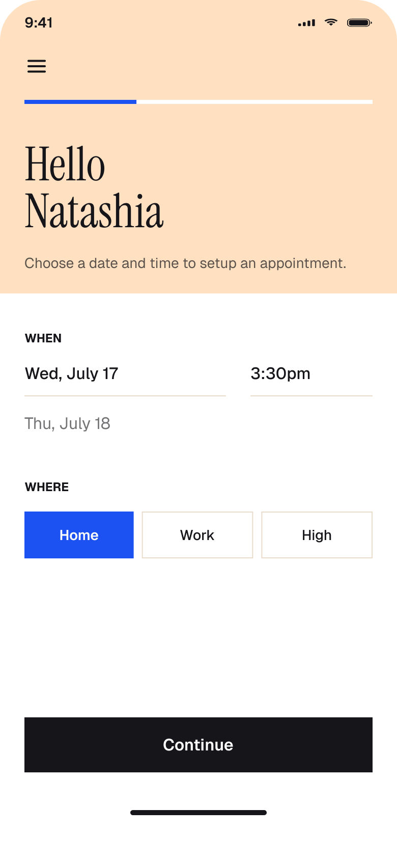 Bond appointment scheduling screen with date, time, and location selection