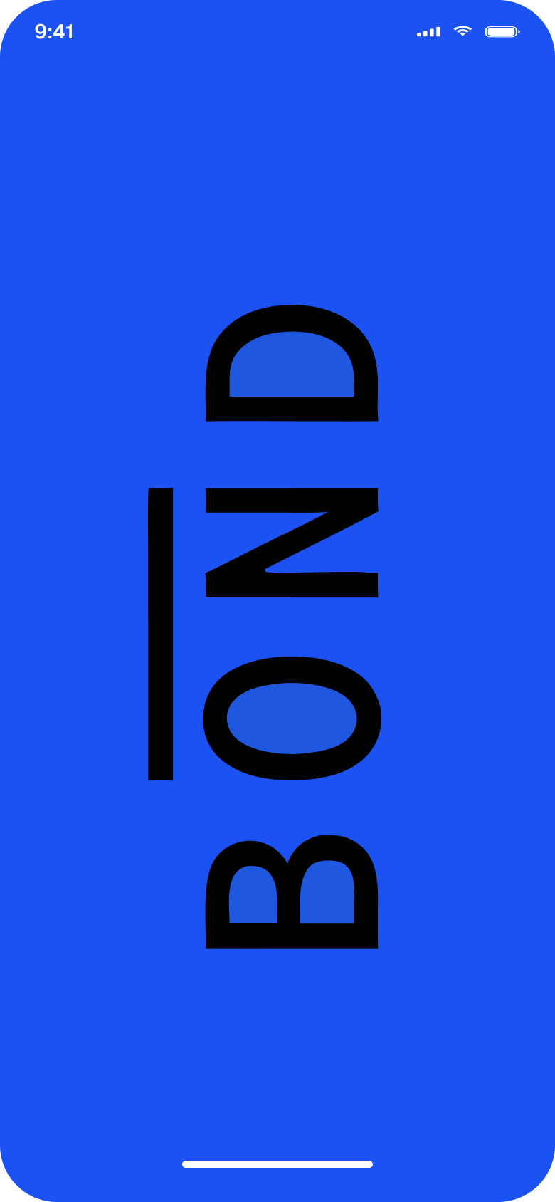 Bond splash screen with a vertical logotype on electric blue